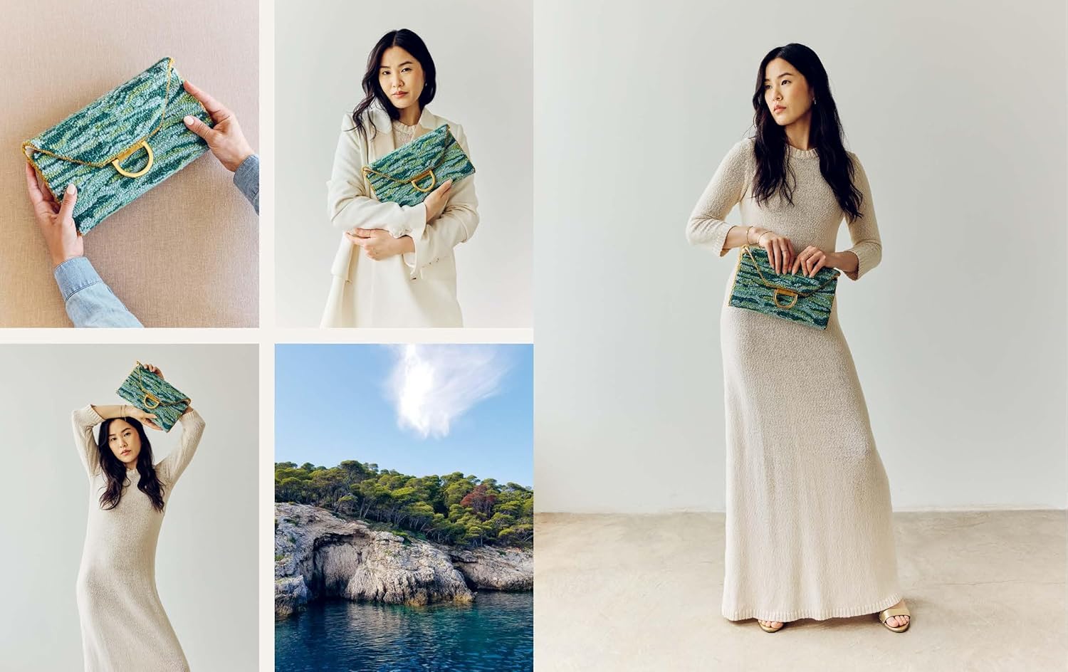 A five-panel collage showing a woman modeling a green and white patterned clutch handbag, alongside close-up views of the bag itself. The woman wears a long cream knit dress in a bright studio setting, with one panel including a coastal landscape background.