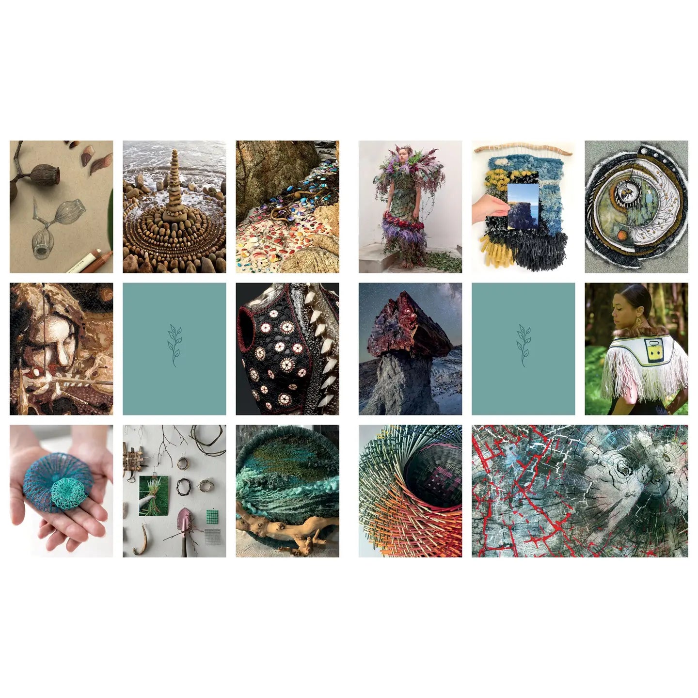 Collage of various artistic and nature-themed images on a white background