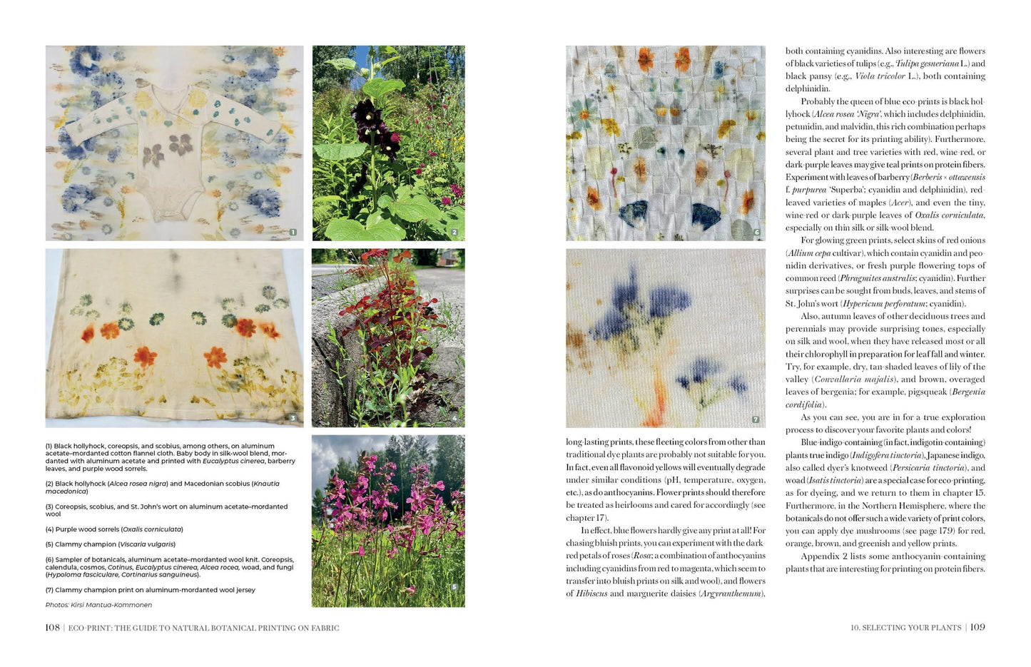 A printed page spread with multiple small botanical and floral photographs, blocks of text, and a few inset images showing fabric or textile patterns.