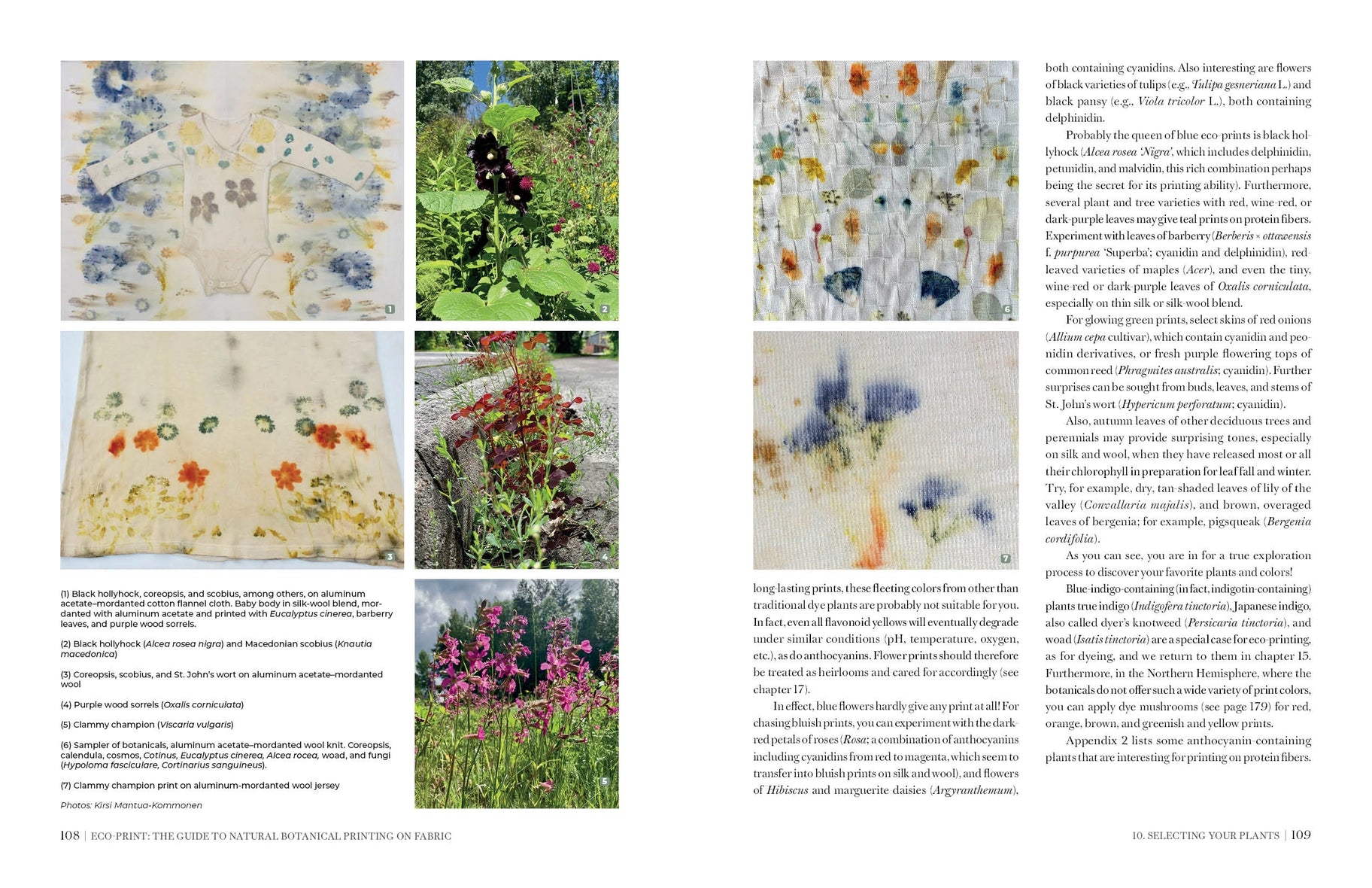 A printed page spread with multiple small botanical and floral photographs, blocks of text, and a few inset images showing fabric or textile patterns.