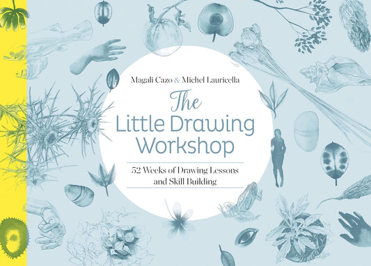 Book cover of 'The Little Drawing Workshop' with illustrations and text on a light blue background.