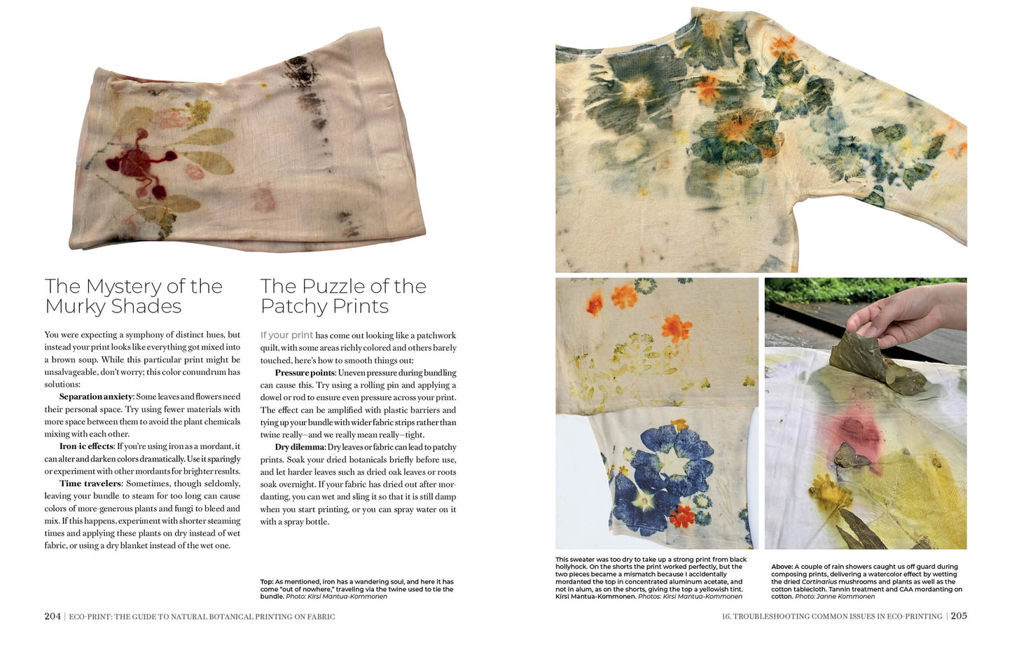 An open book spread showing printed articles about eco printmaking. The left page has two text columns with headings about 'The Mystery of the Murky Shades' and 'The Puzzle of the Patchy Prints.