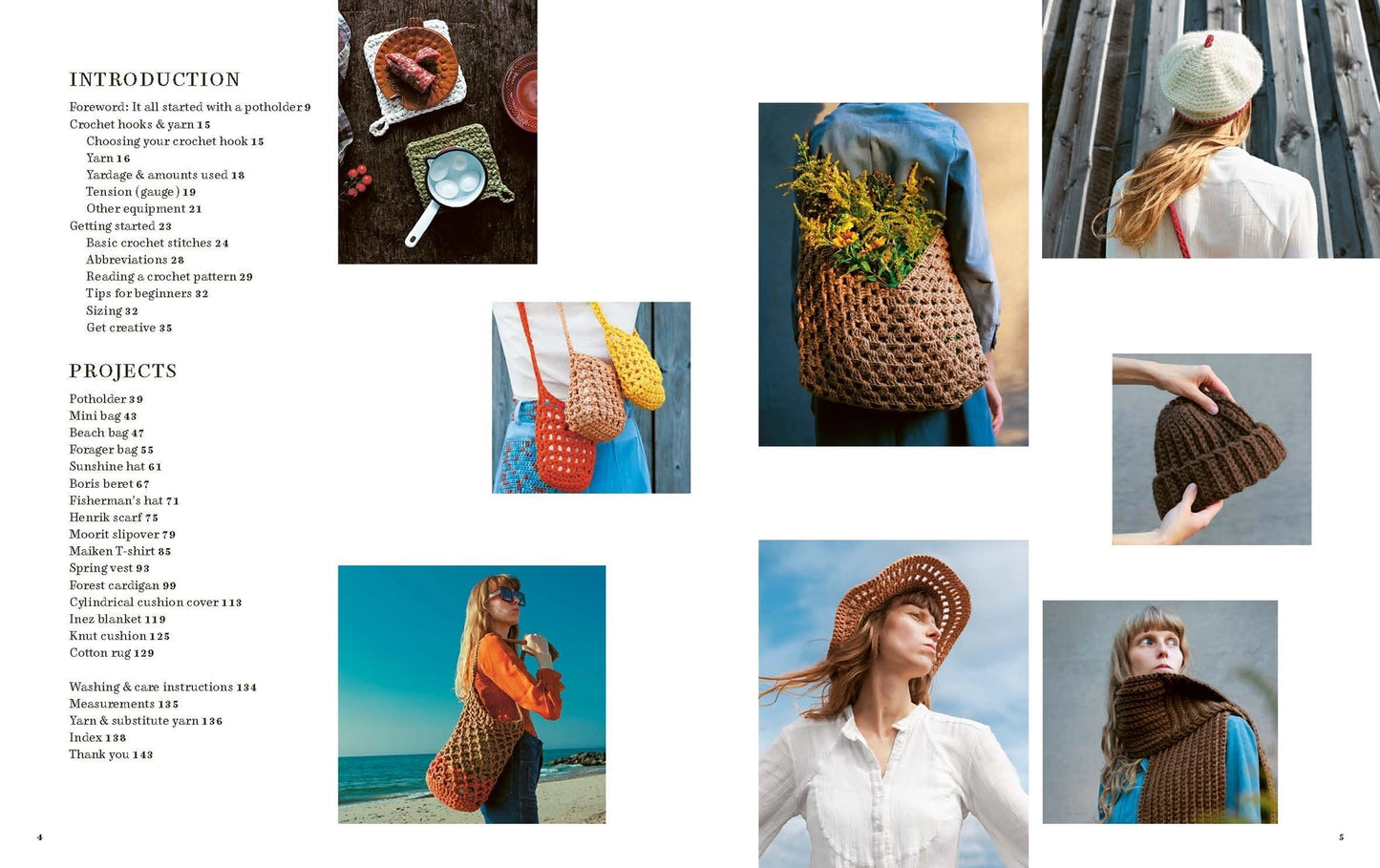 Book page with images of crocheted items and people wearing them, including a hat, bag, and scarf.