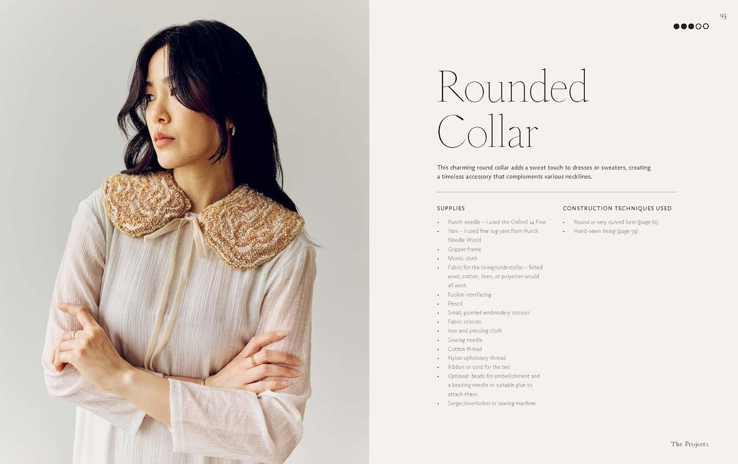 Woman wearing a textured collar with text on a gray background