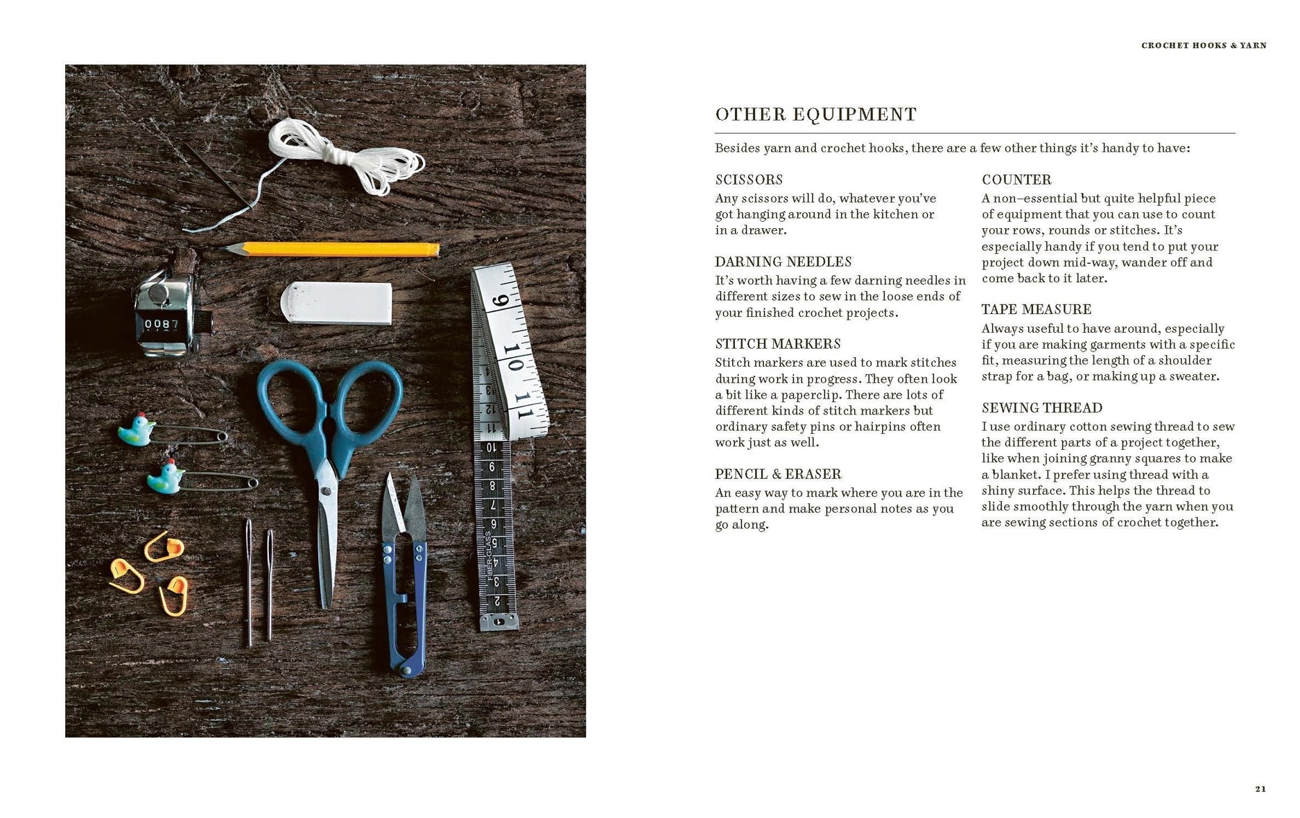A book-style page with a large photo of tools laid out on a dark wooden surface on the left, and a text column titled 'OTHER EQUIPMENT' on the right listing items such as scissors, fingering needles, stitch markers, tape measure, sewing thread, and pencil eraser.