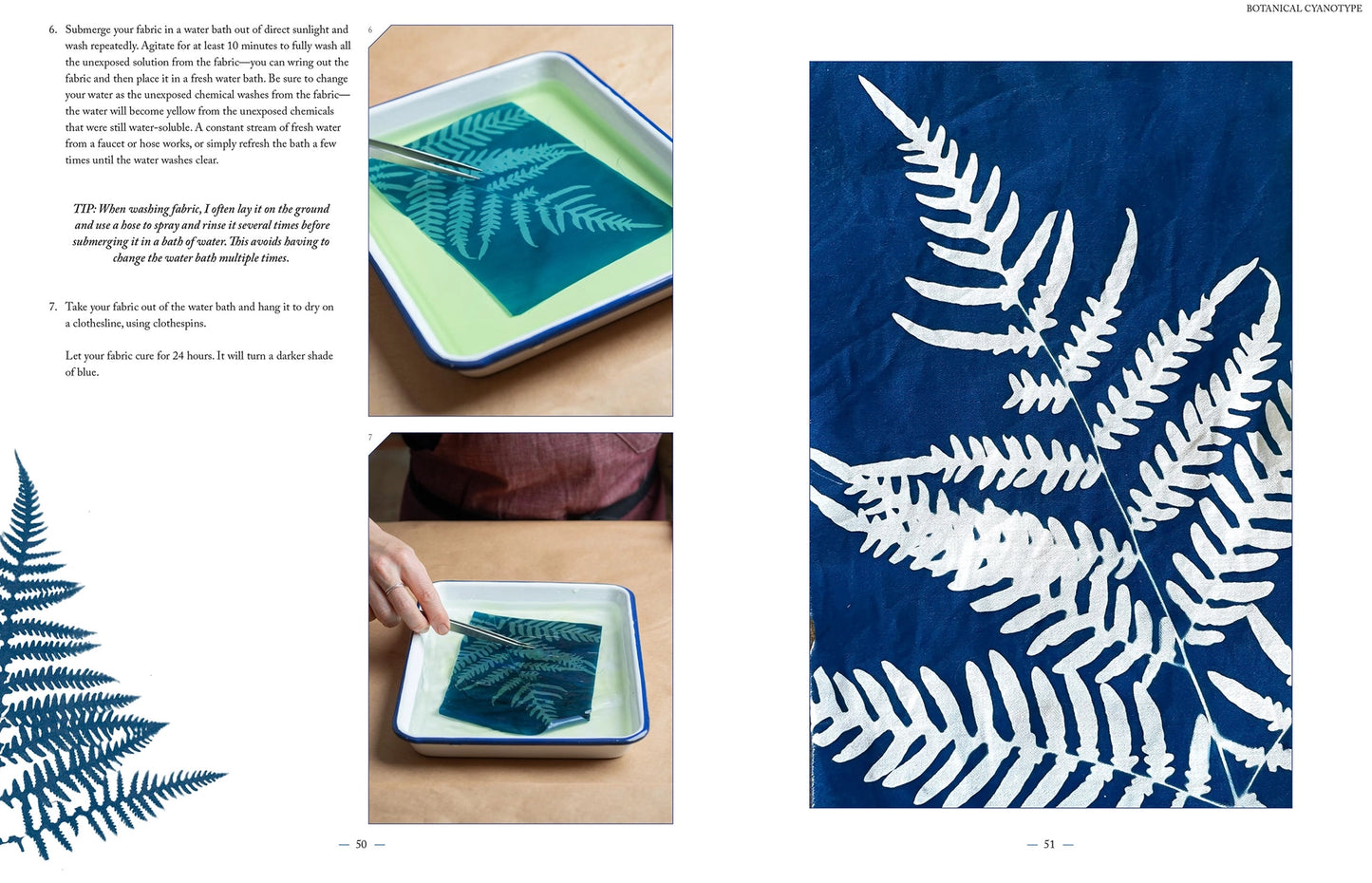 Instructions for creating a fern pattern using a stencil on fabric.