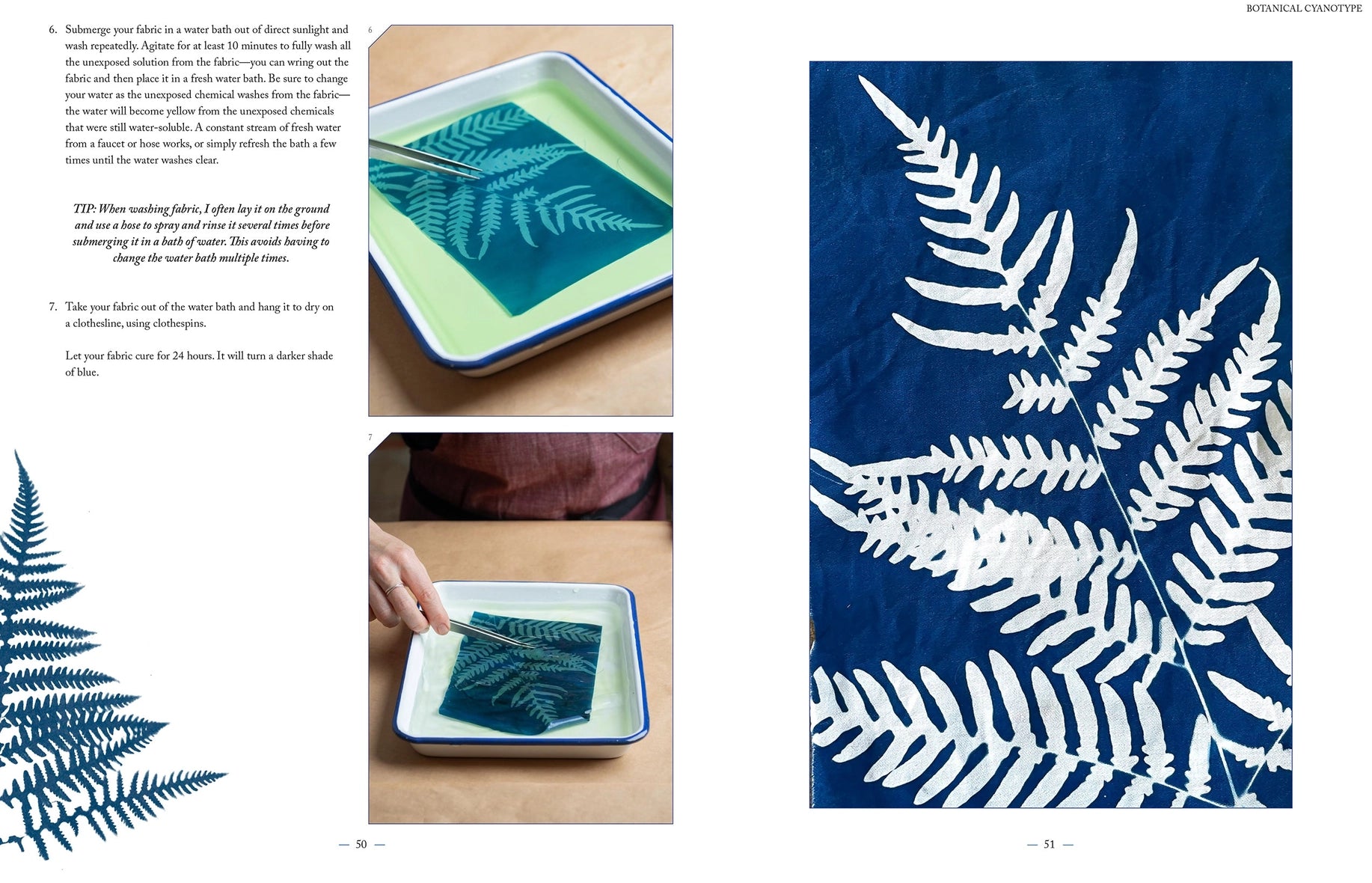 Instructions for creating a fern pattern using a stencil on fabric.