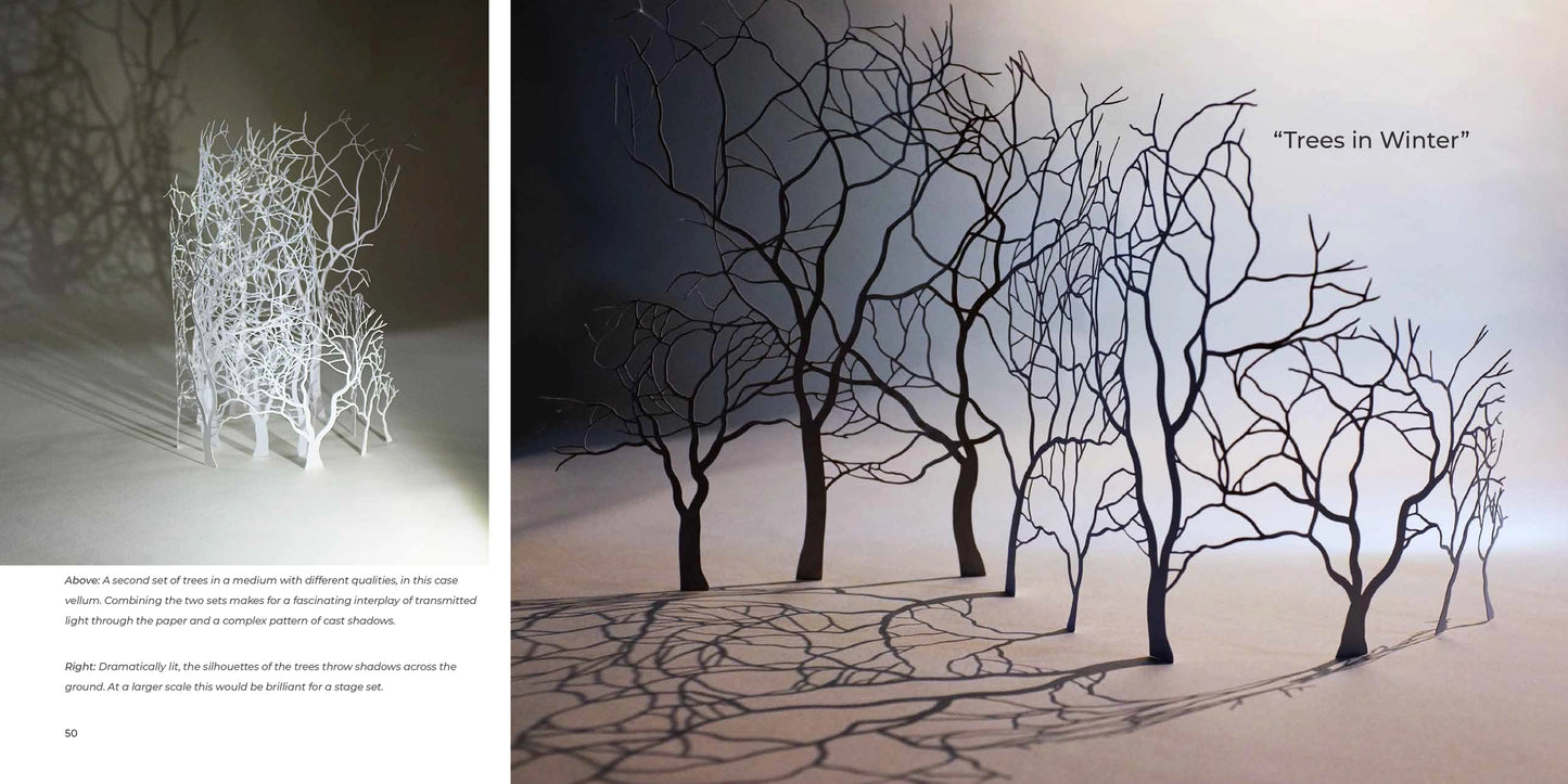 A split-page design layout featuring sculptural bare trees. The left page shows a white tree sculpture with descriptive text on a dark background.