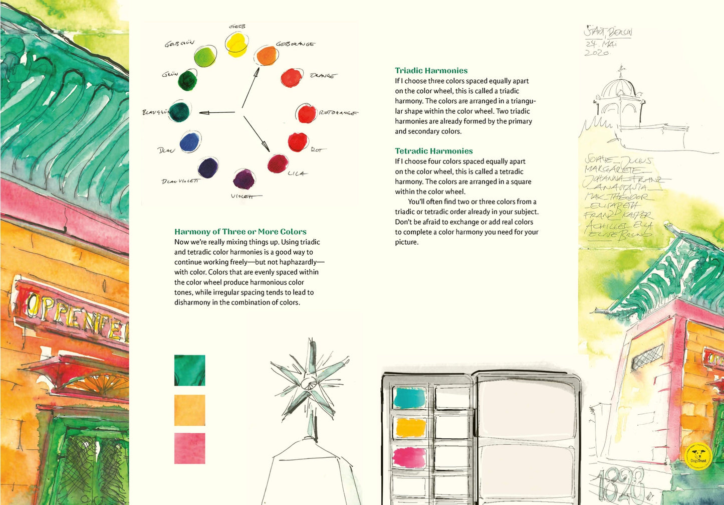 a colorful page showing watercolor palettes