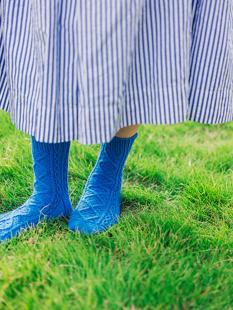 a pair of blue cabled socks