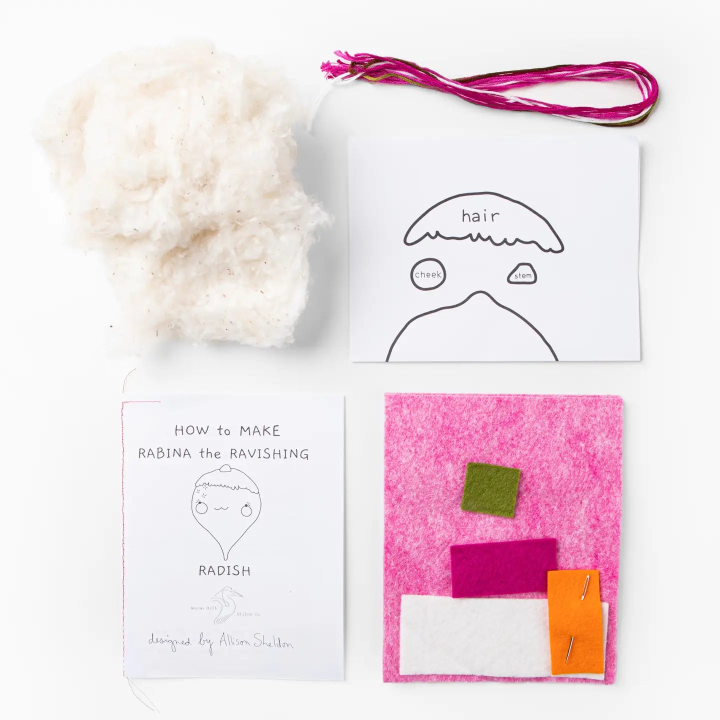 Contents of felt radish kit