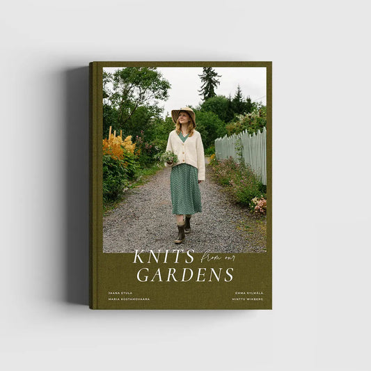 Book cover of 'Knits from our Gardens' with a woman walking in a garden.