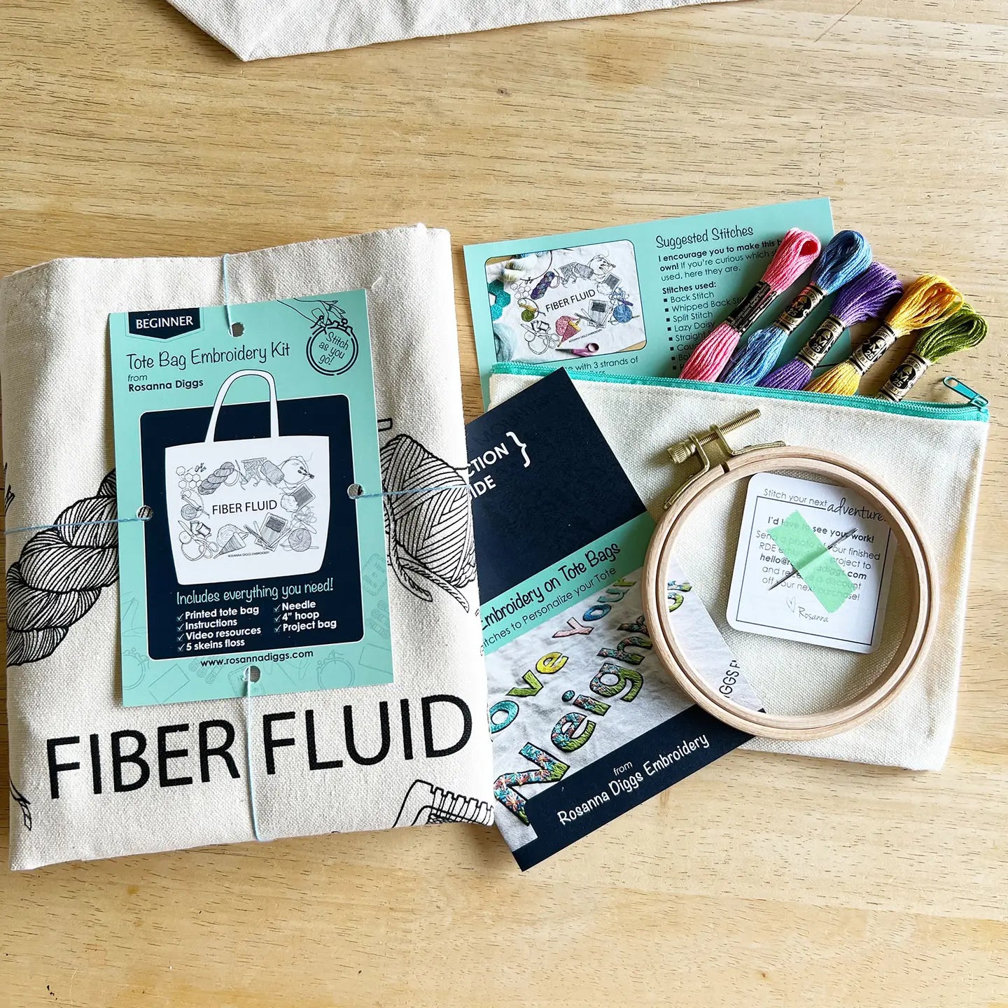 Embroidery kit with materials on a wooden surface