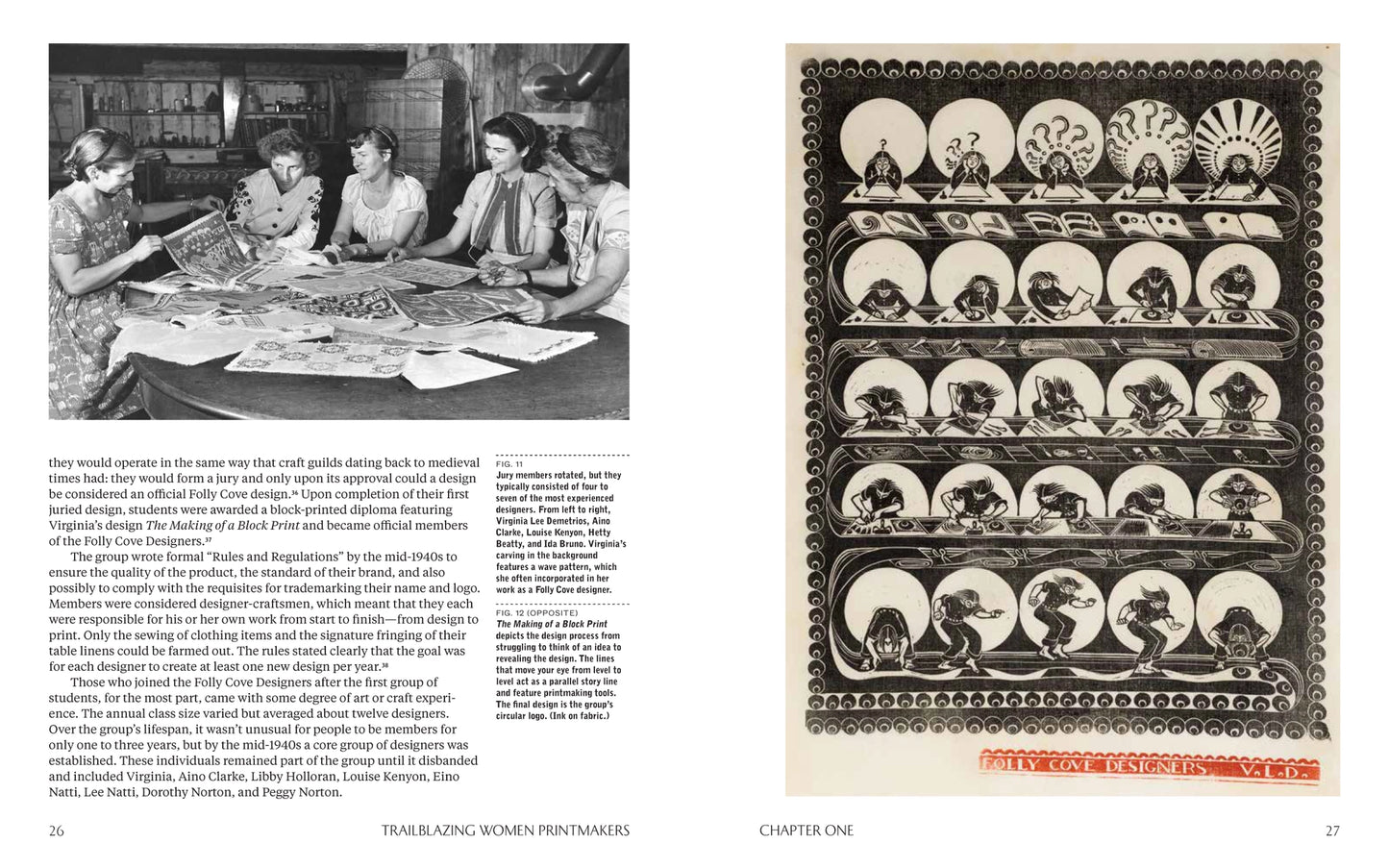 A two-page spread from a book showing a black-and-white historical photograph on the left and a decorative black-and-white print on the right.