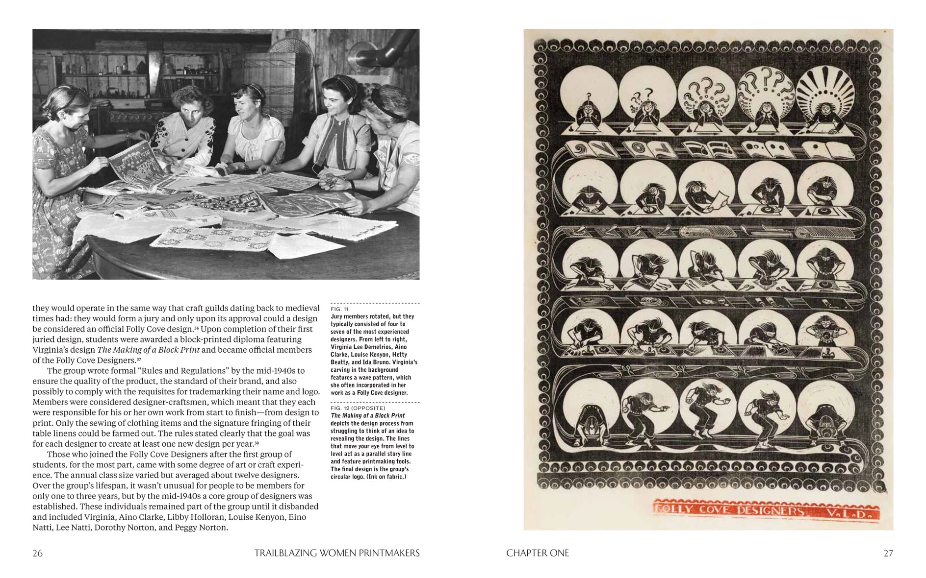 A two-page spread from a book showing a black-and-white historical photograph on the left and a decorative black-and-white print on the right.