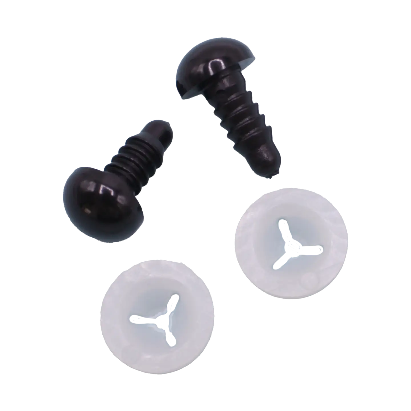 Two black screws and two white rubber grommets on a white background