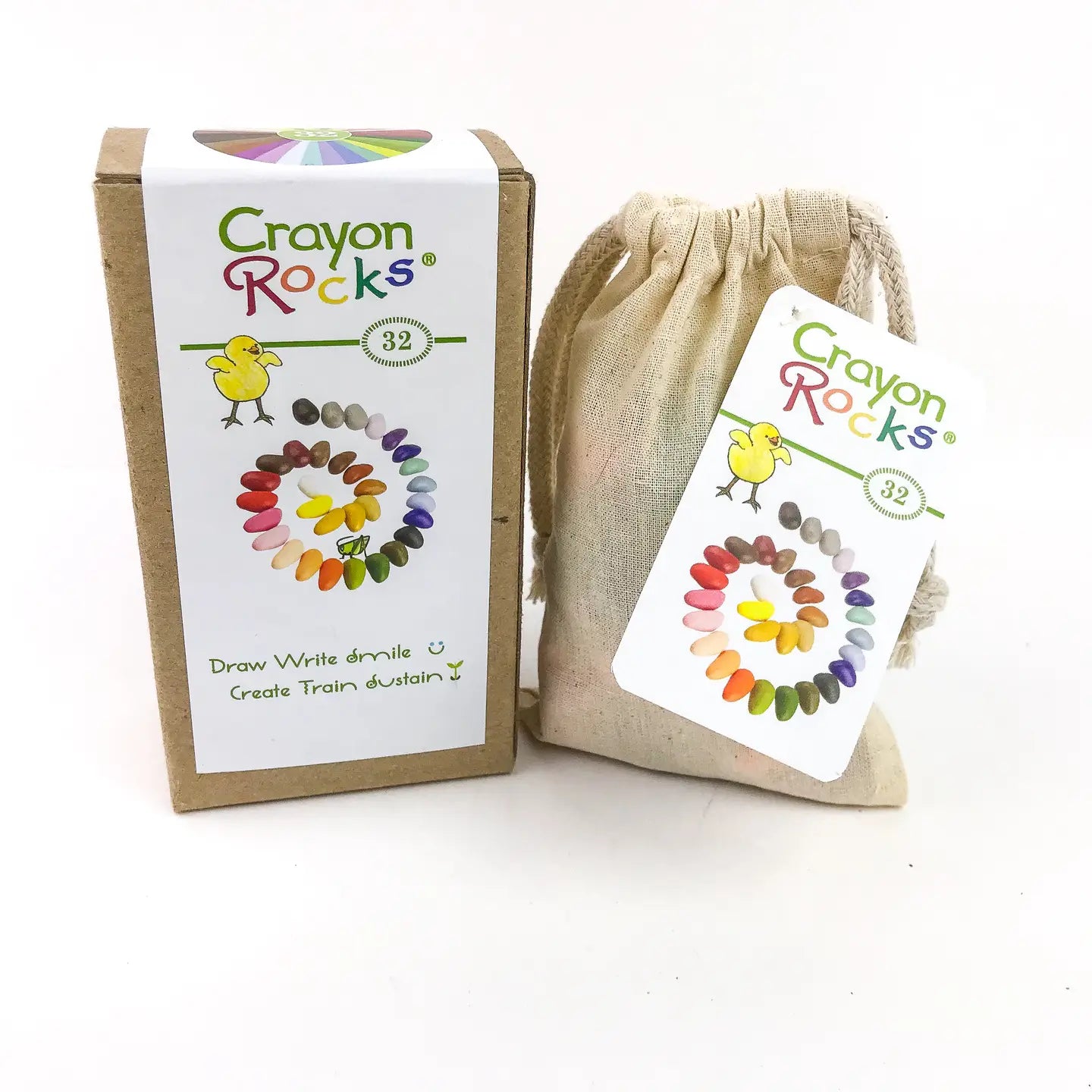 Crayon Rocks packaging with crayons in a drawstring bag on a white background