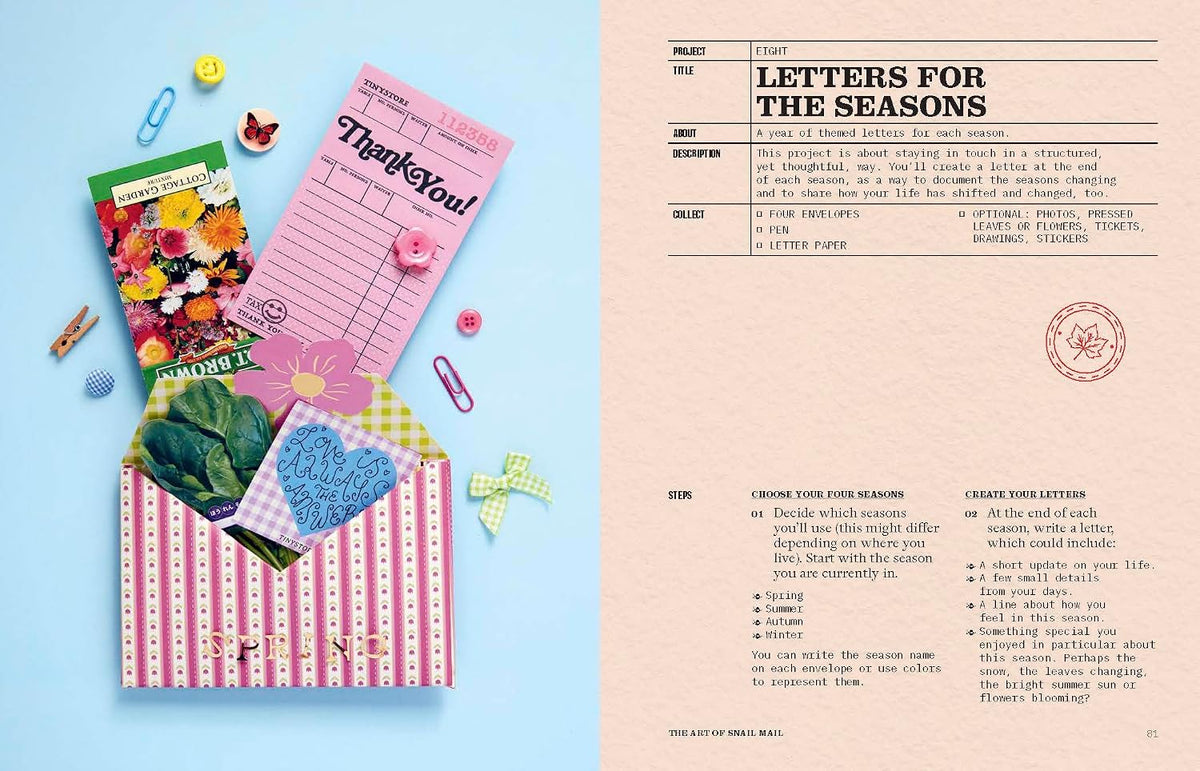 a pink and white striped enveloped with seed packets and a letter