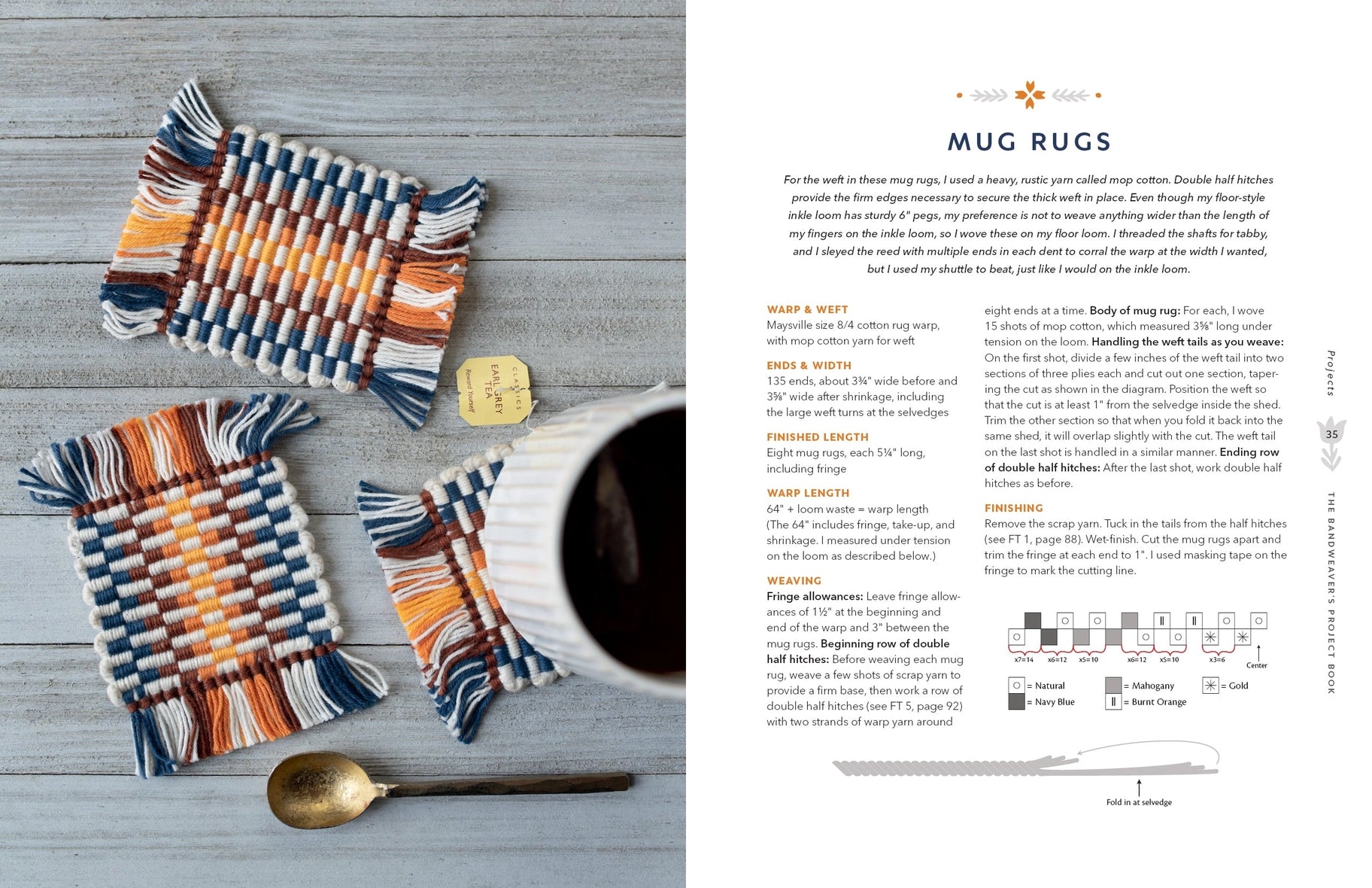 A printed book page showing several woven striped mug rugs on a gray wood surface alongside a gold spoon, with the right-hand column containing text and a small rug pattern diagram.