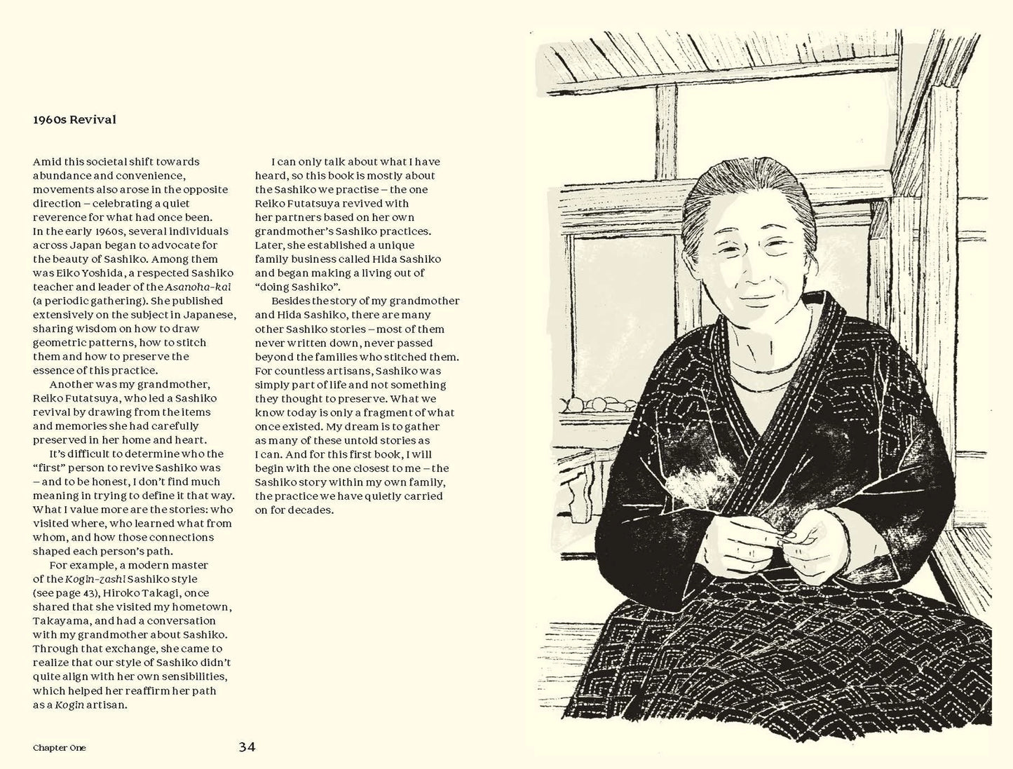 a black and white sketch of a women doing sashiko