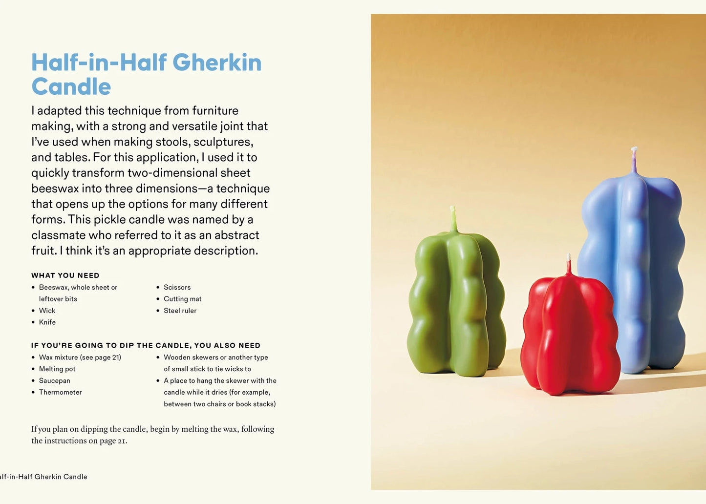 A printed page titled 'Half-in-Half Gherkin Candle' with instructional text on the left and three colorful candle shapes resembling green, blue, and red gherkin peppers on the right, set against a white page background.