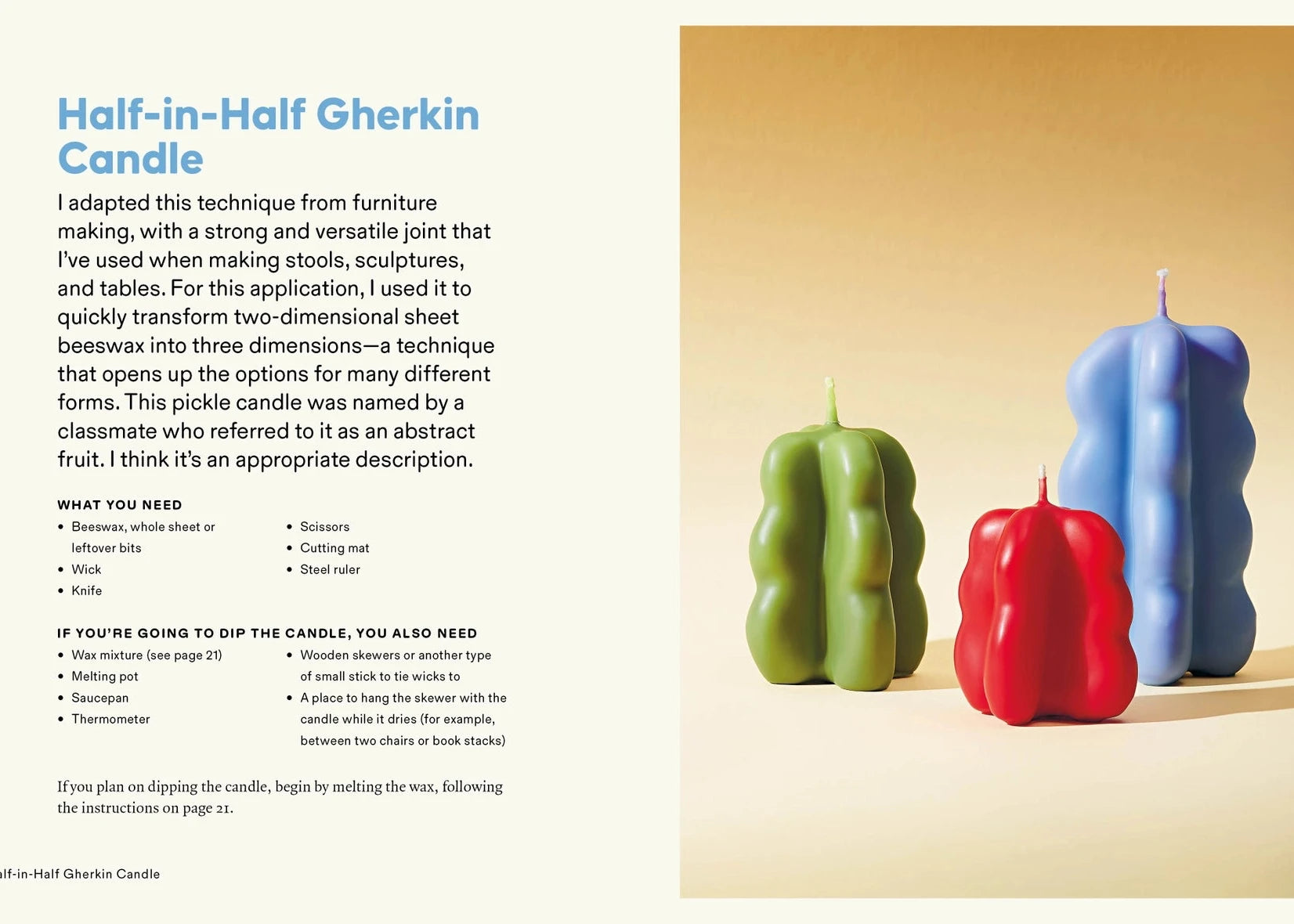 A printed page titled 'Half-in-Half Gherkin Candle' with instructional text on the left and three colorful candle shapes resembling green, blue, and red gherkin peppers on the right, set against a white page background.