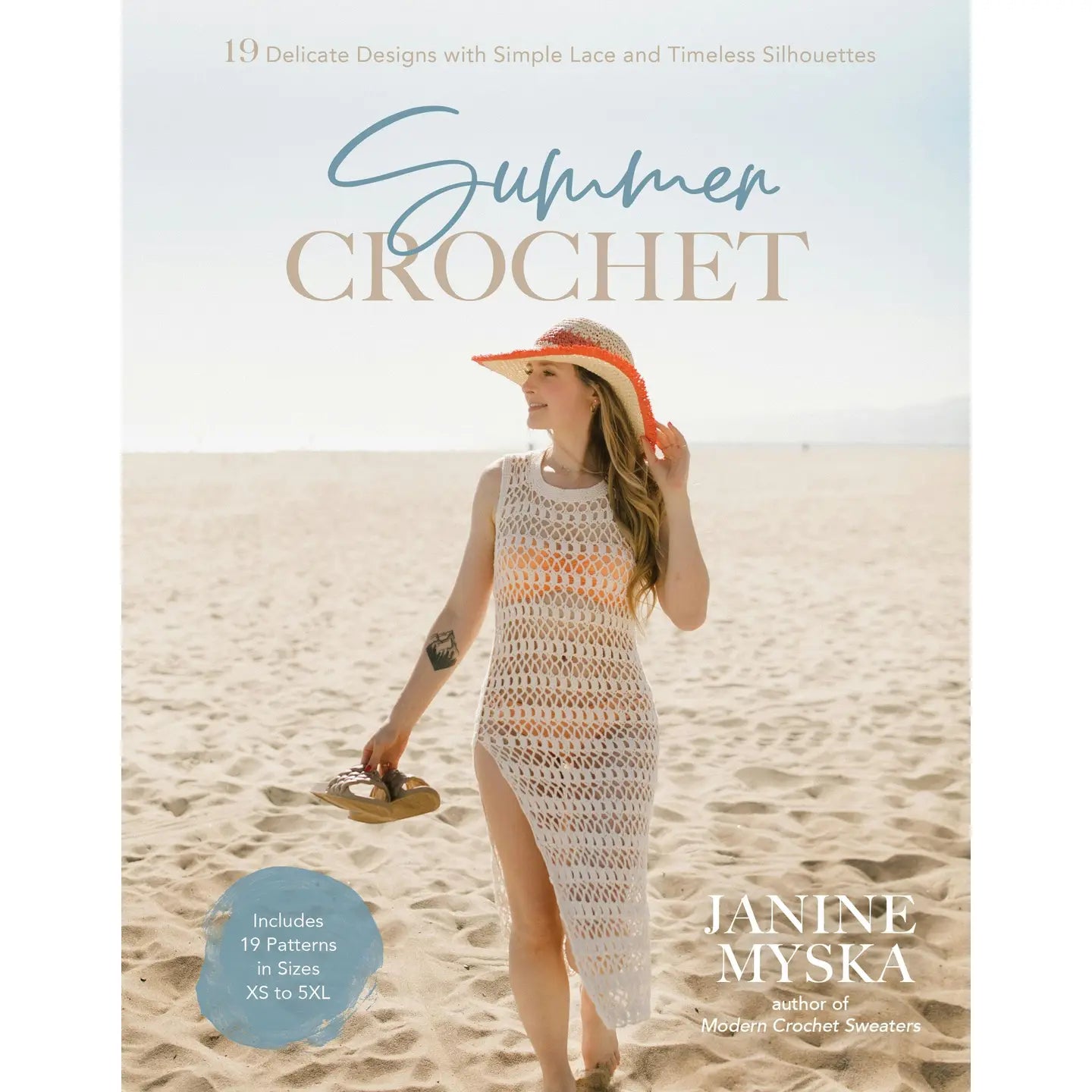Book cover of 'Summer Crochet' by Janine Myska featuring a woman in a crochet dress on a beach.