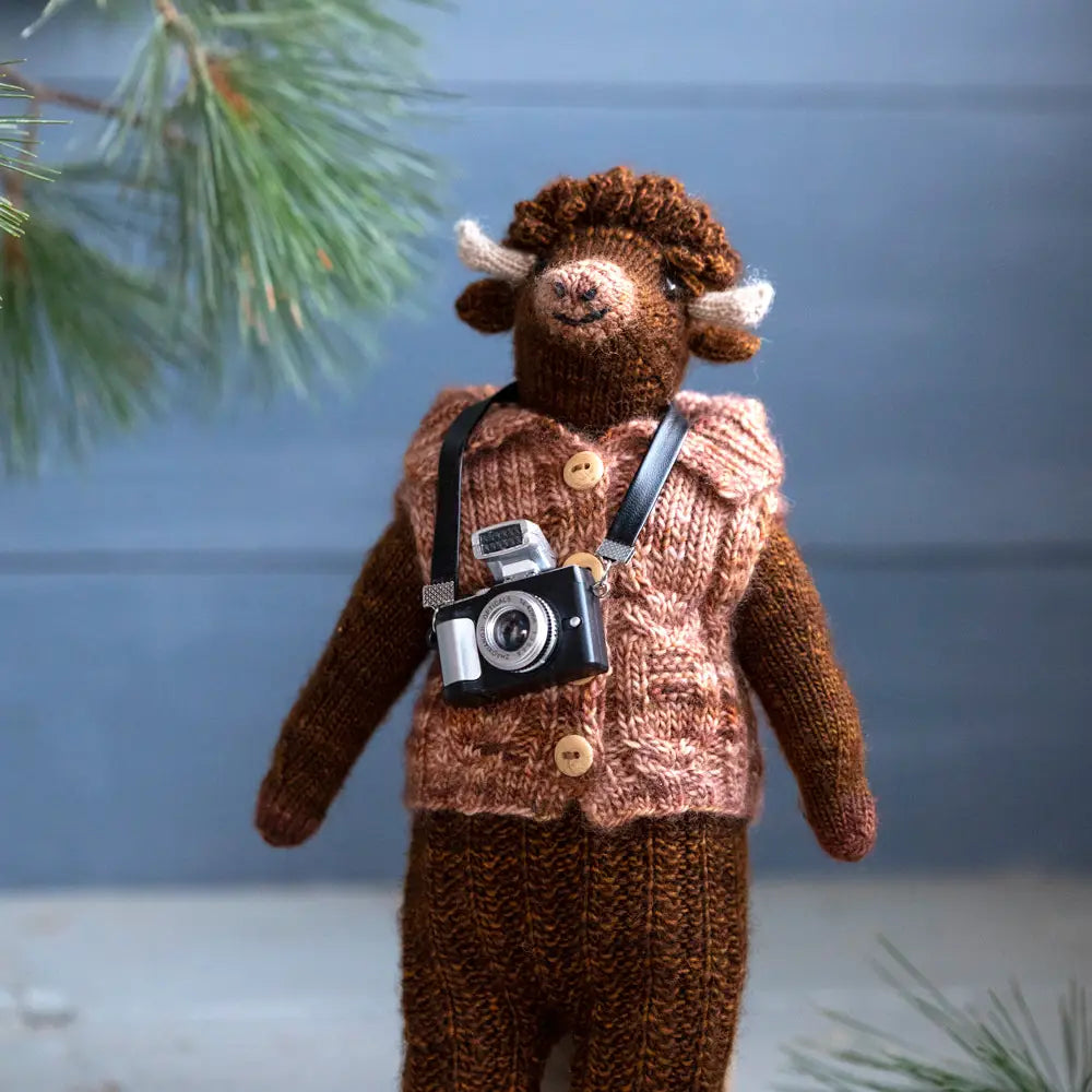 a knitted ox wearing as sweater and toy camera