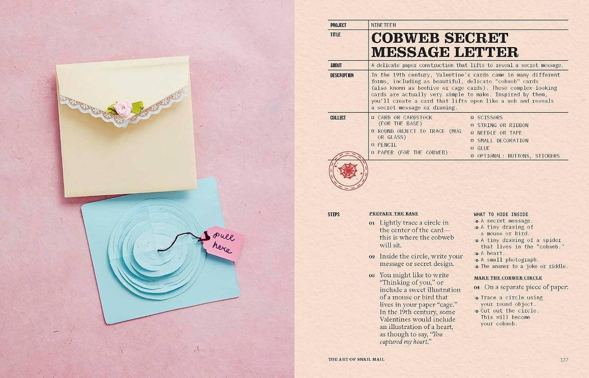 a decorated envelope and a blue spiral shaped letter