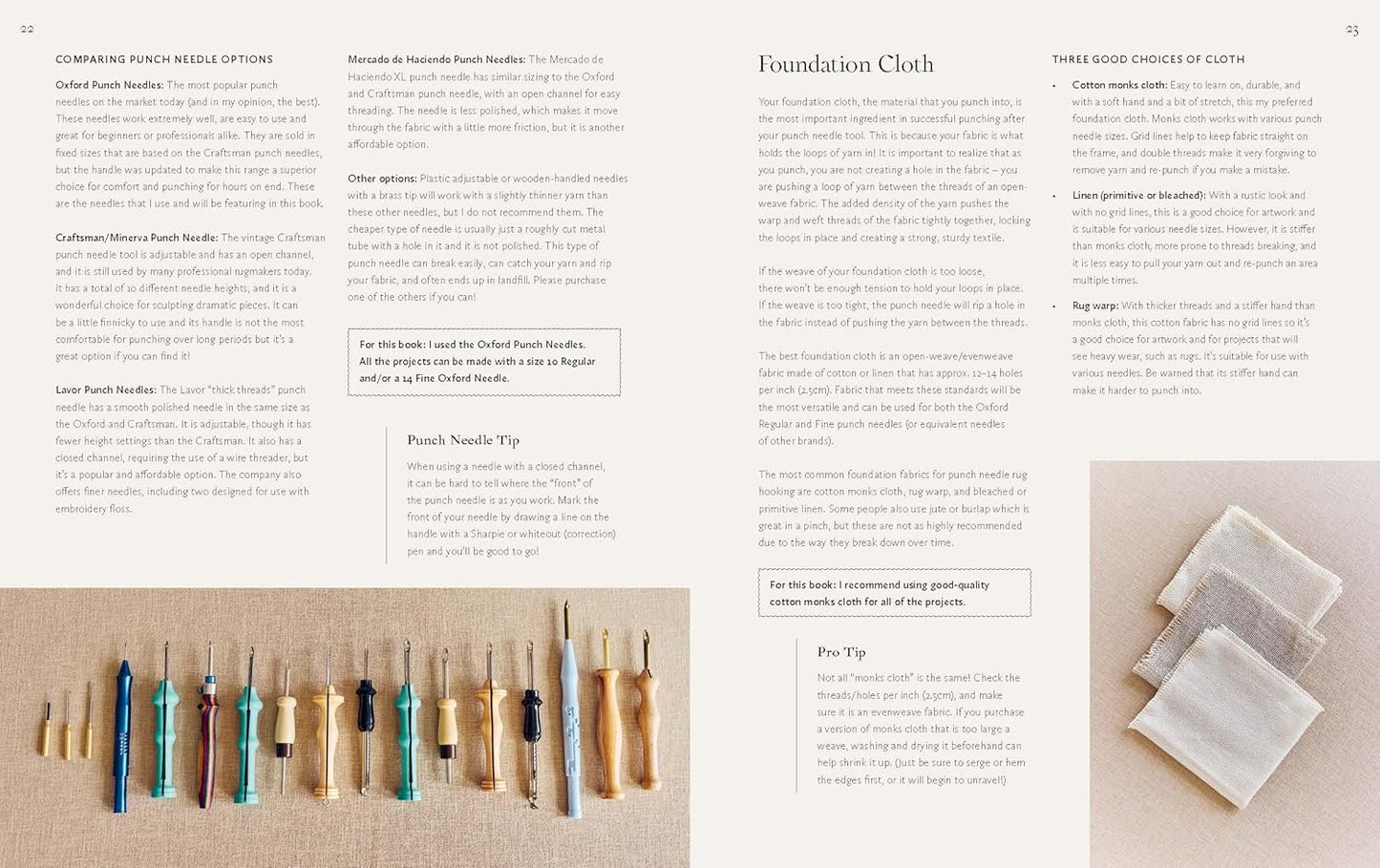 An open book  spread showing pages about making fabric patches, with text columns, a row of colorful punch needle needles along the bottom left, and two small fabric patch samples on the bottom right.