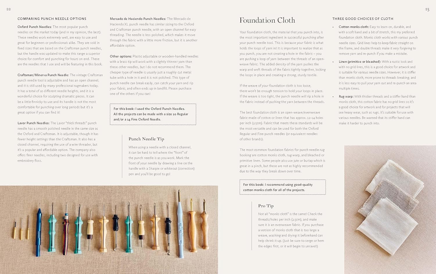 An open book  spread showing pages about making fabric patches, with text columns, a row of colorful punch needle needles along the bottom left, and two small fabric patch samples on the bottom right.