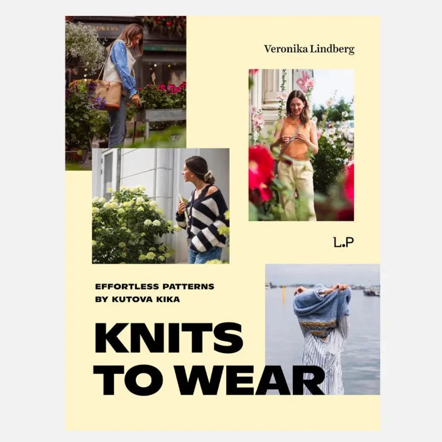 4 photos of a woman wearing colorful knits