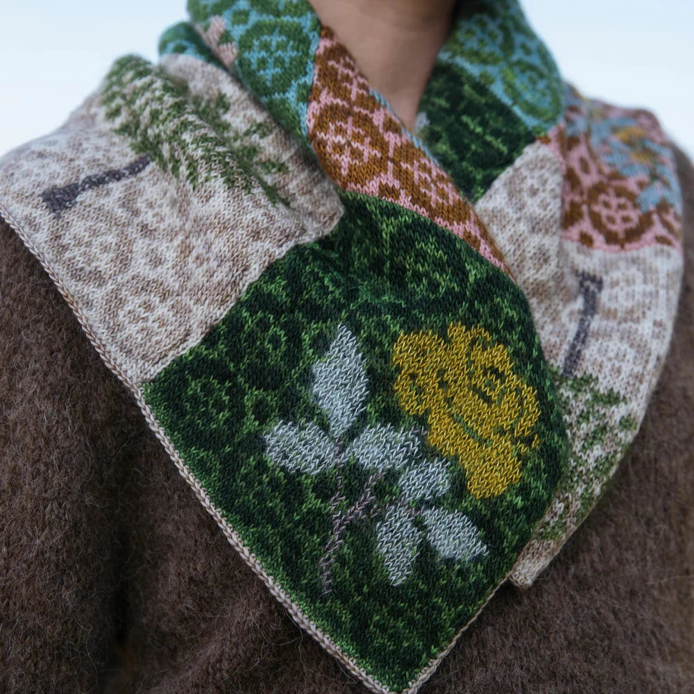 a multicolored floral scarf