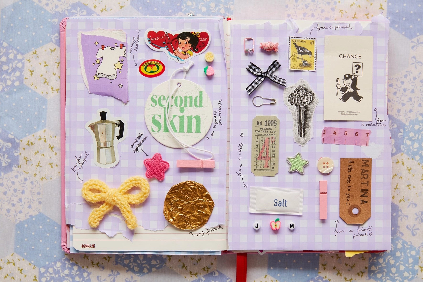 a pale purple journal page with stickers and bows
