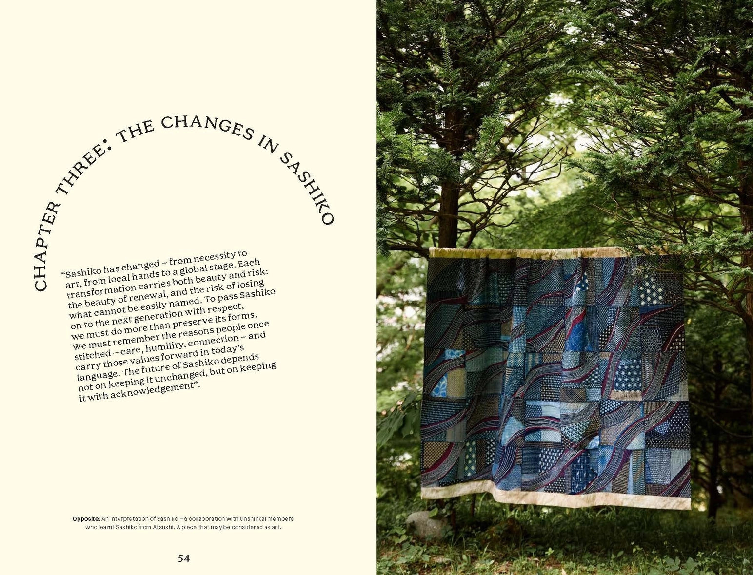 A two-page spread from a book  showing a quilt hanging outdoors on trees. The left page contains curved text reading 'CHAPTER THREE: THE CHANGES IN SASHIKO' with a quote below, and the right page shows the quilt in a forest setting.