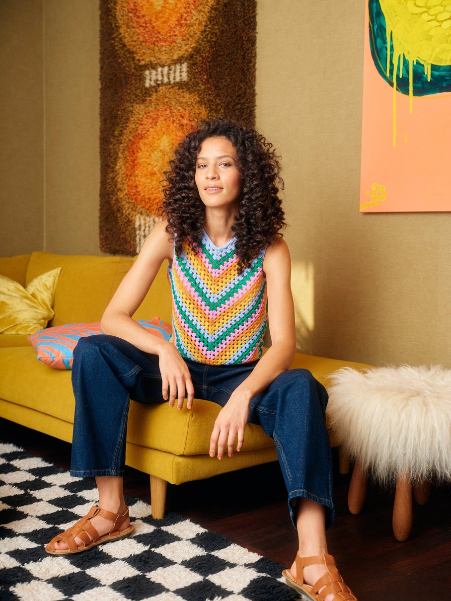 a rainbow chevron style crocheted sleeveless top