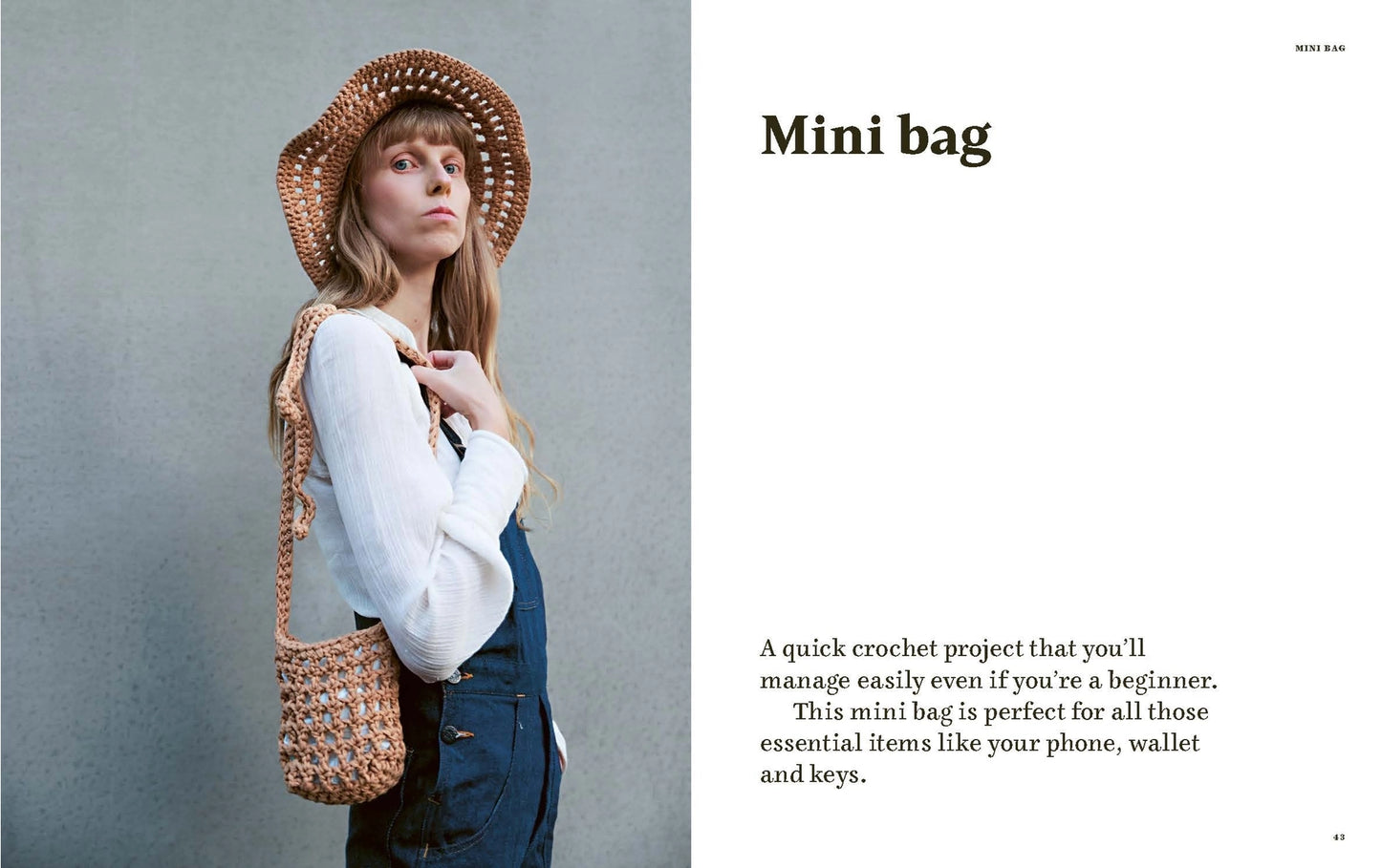 A woman wearing a straw hat and blue overalls carries a small woven straw mini bag against a gray wall, with text on the right describing the bag.