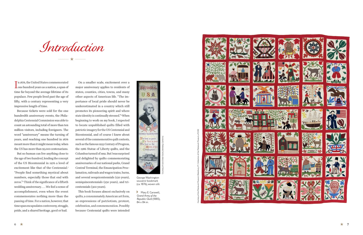 Quilt with various patterns and images on a white background, accompanied by text on the left.