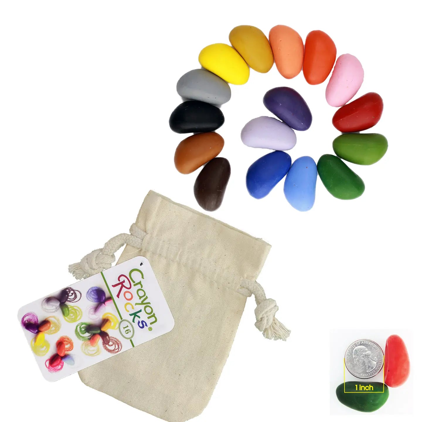 Set of colorful crayon rocks with a drawstring bag and coin for scale on a white background