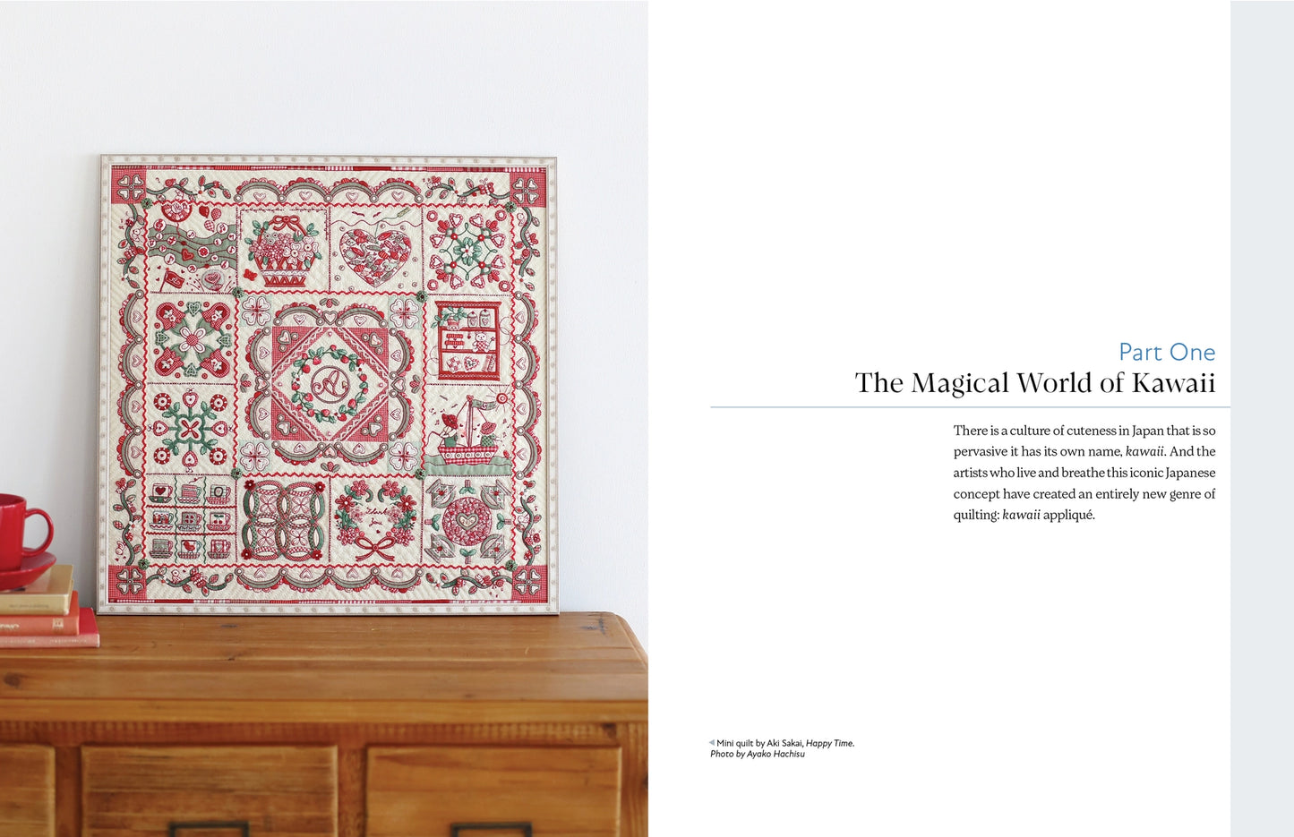 Decorative quilt on a wooden surface with text about Kawaii culture.