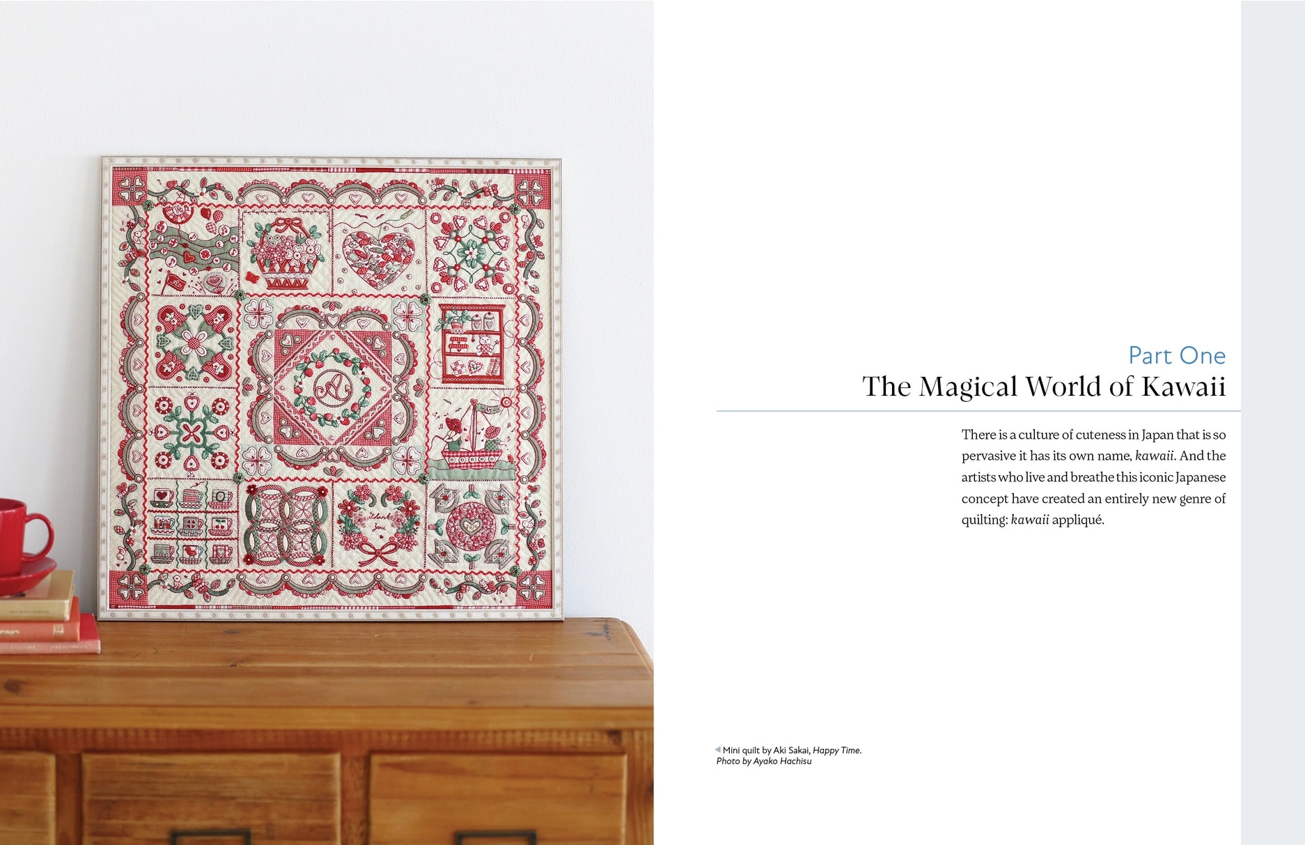 Decorative quilt on a wooden surface with text about Kawaii culture.