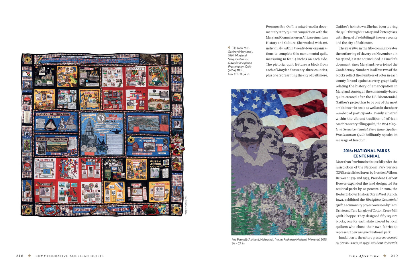 Quilt with various patches and an American flag design featuring Mount Rushmore.