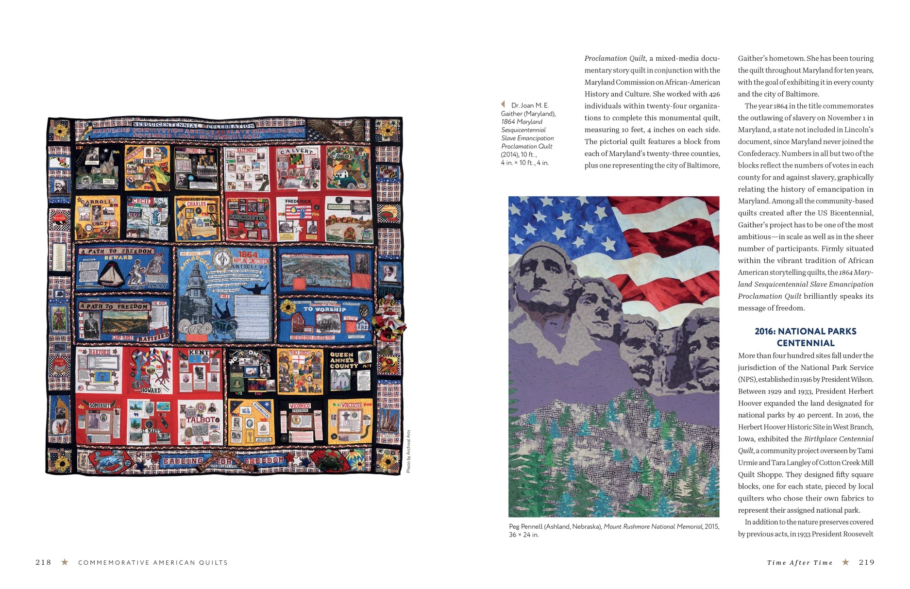 Quilt with various patches and an American flag design featuring Mount Rushmore.