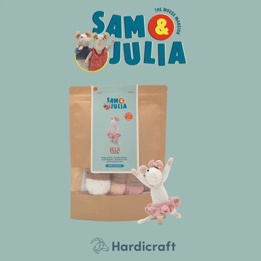 Product packaging with a toy mouse and branding for 'Sam & Julia' and 'Hardicraft' on a light blue background.