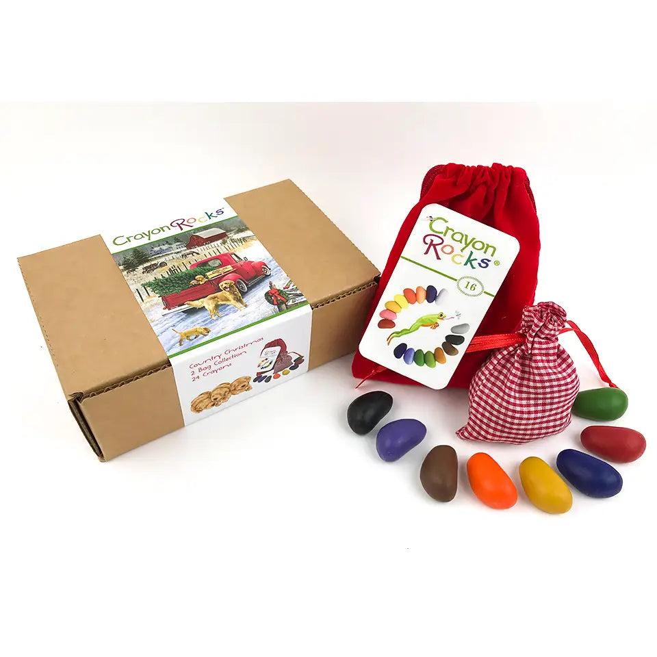 Crayon Rocks product set with packaging and colorful rocks on a white background