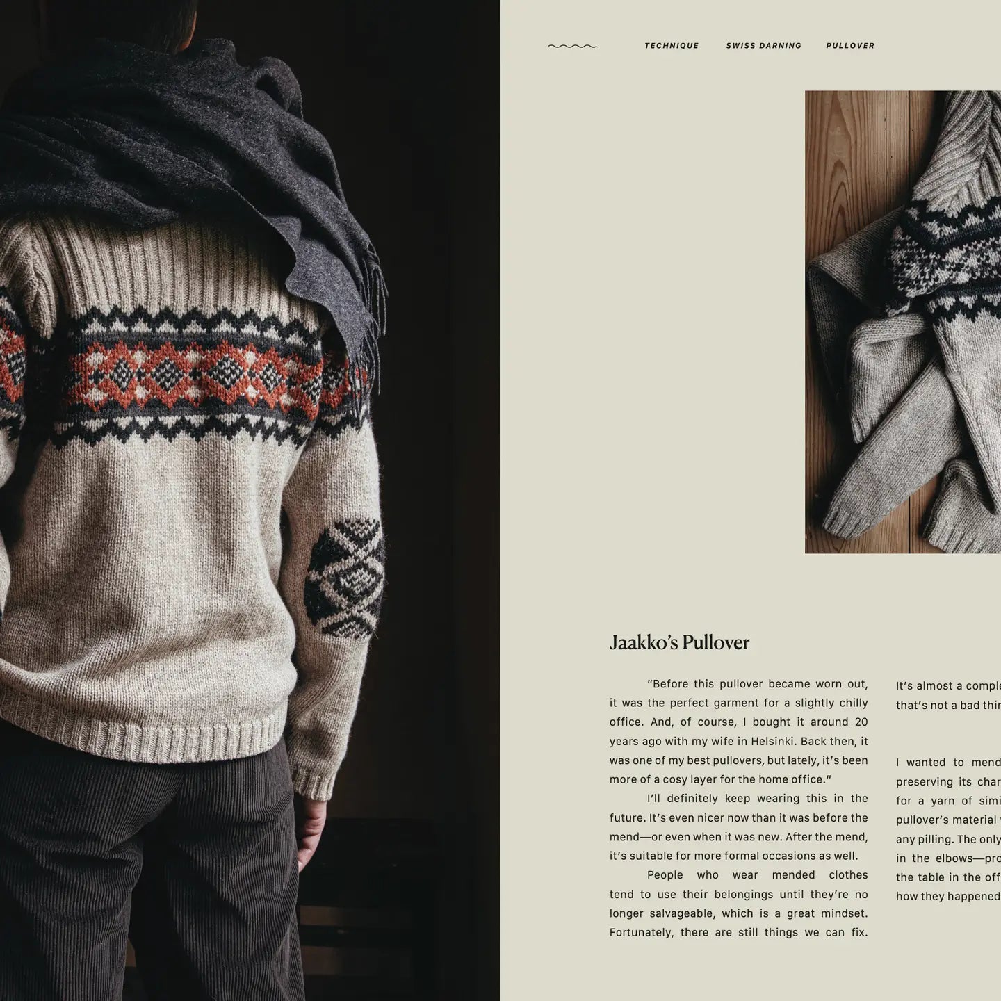 Person wearing a patterned sweater with text on the right side.