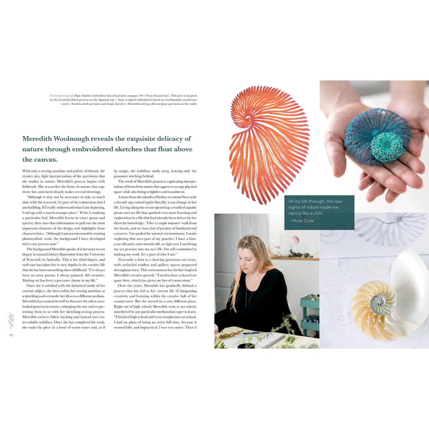 Magazine layout with embroidered artwork, person working, and close-up of hands holding a textured object.