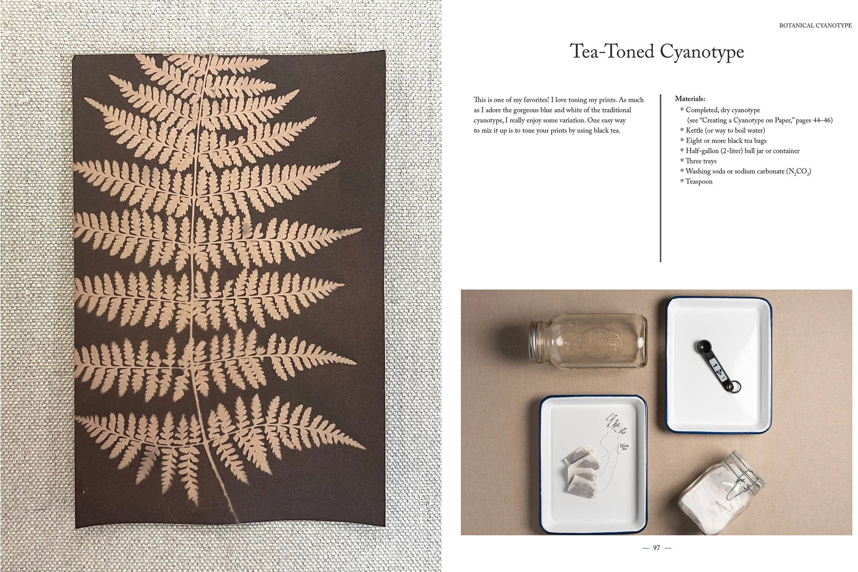 A two-page spread from a craft book. The left page shows a rectangular dark brown sheet with a large tan fern leaf pattern printed on it.