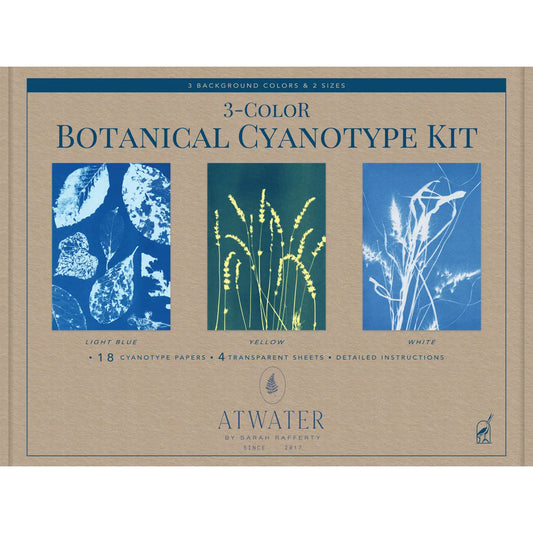 3-Color Botanical Cyanotype Kit packaging with botanical illustrations on a beige background