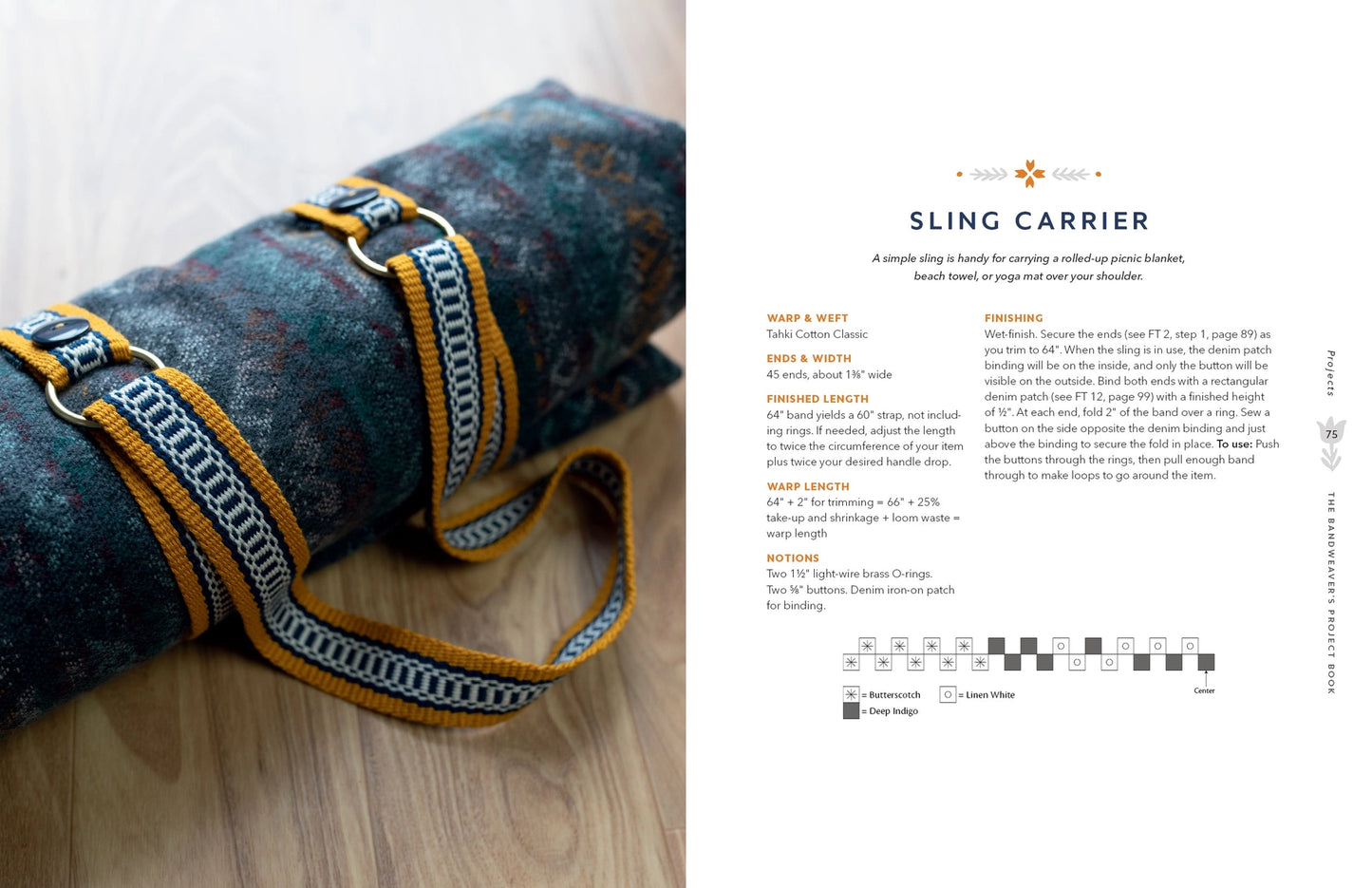 An open book  spread showing a close-up of a dark blue  sling carrier with yellow and gray woven trim on the left, and a printed instruction page titled 'SLING CARRIERS' on the right.